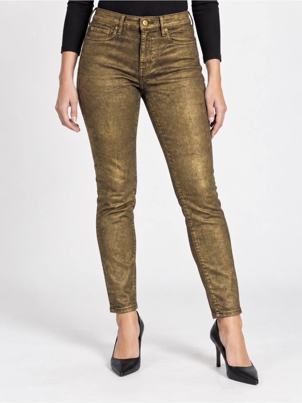 Lauren Ralph Lauren Gold Metallic Coated Skinny Jeans Size 8 High Rise